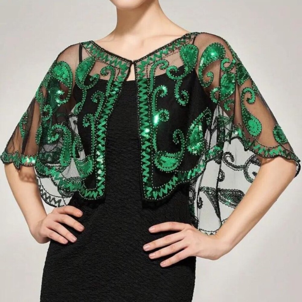 SEQUINED SHAWL WRAP Green & Black new